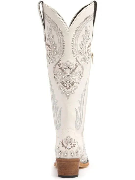 Women's Cream Embroidered Knee High Cowgirl Boots Pointed Toe Chunky Heel - Picture 5 of 7